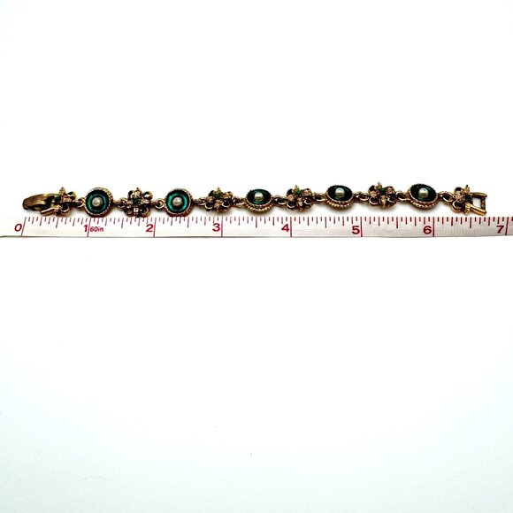 Vintage ART Mode Arthur Pepper Goldtone Bracelet With Faux Pearls Green Enamel - Picture 5 of 6